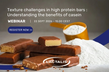 Image Lactalis webinar banner featuring chocolate-covered high-protein bars, flour and a scoop of powder, promoting texture and casein benefit