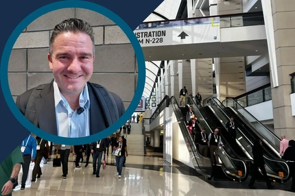 Image Pack Expo 2026 LyondellBasell Industries video thumbnail: Smiling businessman in a circular portrait overlaid on a busy convention center with attendees walking and riding escalators