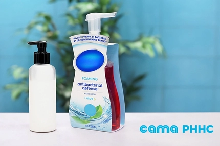 Image Foaming antibacterial hand wash with aloe beside a blank pump bottle on a counter, with CAMA PHHC logo.