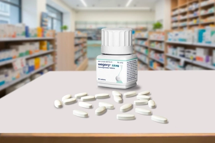 Medicine container bottle with weight-loss drug Wegovy tablet pills from Novo Nordisk inside