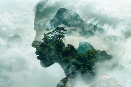 Image double exposure photo of nature and womans side profile