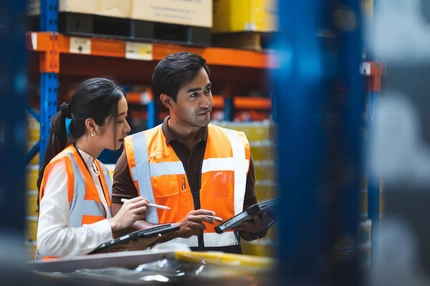 Image workers examining something in warehouse