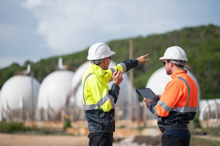 Image Engineer industrial facility petrochemical or gas energy site focused balance between industrial development and environmental preservation