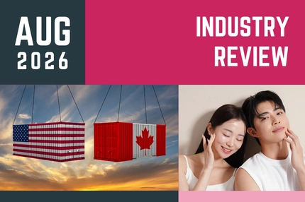  US and Canadian flag shipping containers against a sunset sky, and two models with glowing skin