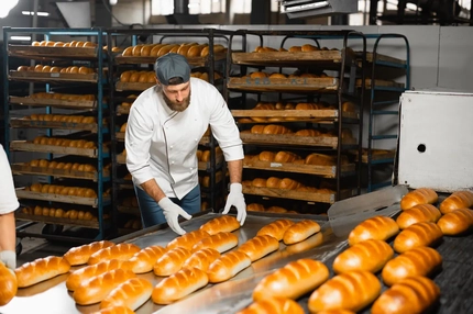 Brioche being baked at a baking manufacturer.