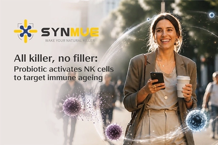 Smiling woman holding a phone and coffee beside SYNMUE branding promoting a probiotic that activates NK cells to target immune ageing.