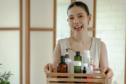 Image Happy woman with products.