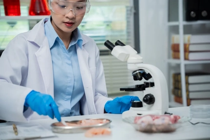 Image Woman in lab, looking at meat sample.