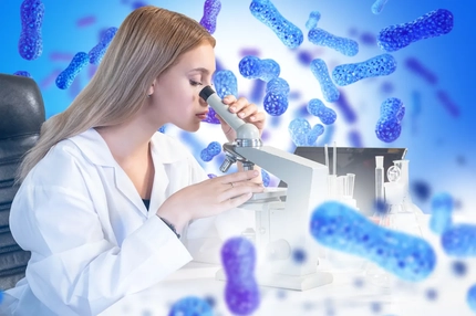 Female scientist examines bacteria through a microscope in a laboratory