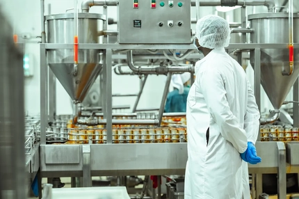 Image food inspector looking at canned fish packaging in factory