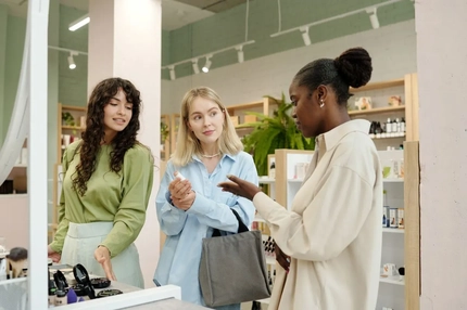 Image three young women shopping for cosmetics