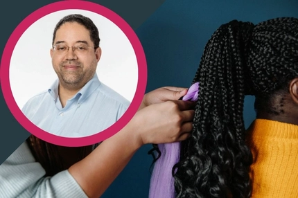 Image Consumer Reports video thumbnail: Stylist braiding purple extensions into a client’s long black hair, with a circular professional headshot inset
