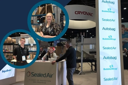 Image Pack Expo 2026 Sealed Air video thumbnail: exhibition booth at a packaging trade show, featuring staff, visitors, packaging equipment, and Cryovac and BubbleWrap branding.