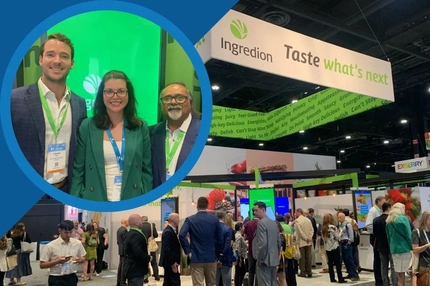 Image IFT First 2026 Ingredion video thumbnail: Ingredion trade show booth crowded with attendees, with three smiling representatives featured in a circular inset