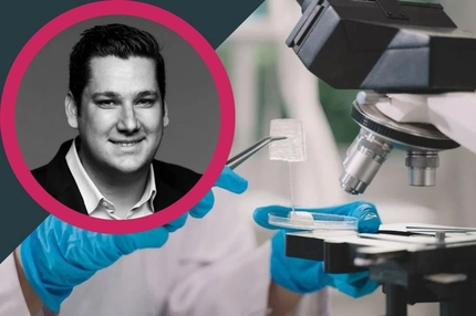 Image Azitra video thumbnail: Laboratory researcher handling a sample beside a microscope, with a black-and-white portrait inset in a pink circular frame