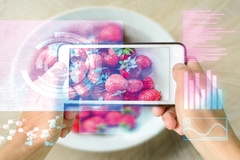 Person taking a photo of strawberries with digital data overlay