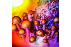 Colorful light illuminates various mushrooms.