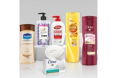 Image A range of Unilever's core personal care products including cocoa butter lotion by Vaseline, shampoo by Lux botanicals, hand wash by Lifebuoy, shampoo by Sunsilk, soap by Dove and deodorant by Sure.