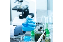 Image Person in lab coat holding a bottle of plant extract, with other extracts neaby.