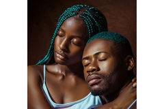 Woman hugging man, both have blue hair