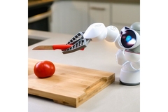 Image Robot holding a knife, about to chop a tomato.