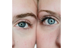 Image A closeup shot of the eyes of two women pressing their heads together.