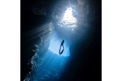 Image Woman wearing flippers and swimming underwater in the ocean