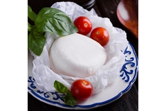 Image Mozzarella cheese with red tomatoes and green leaves on a white plate.