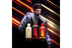 Image male model poses behind graphic image of the three perfume bottles.