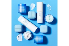 A collection of Laneige products with a blue color scheme.