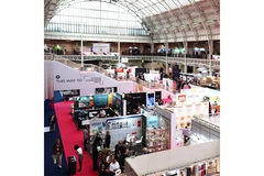 A shot of several stands from above, from london packaging week 2022.