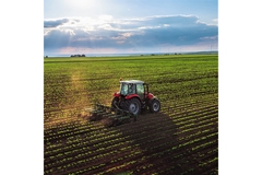 A tractor harvests crops in a field.