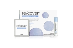 Image image of Re/cover product: a rectangualr box with a cylindrical serum on the right and a square sachet containing the moisture patch
