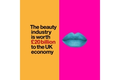 A poster of text saying "the beauty industry is worth 20 billion pounds to the uk economy" next to image of lips
