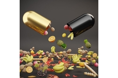 Image Artwork depicting a supplement capsule opening and spilling out different fruits.
