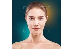 A woman's face with dots on it to detect facial expressions.