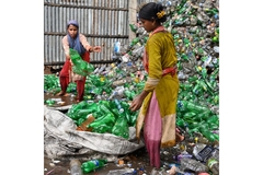 Women collecting plastic bottles.