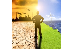 Image Abstract image, person stands before the option of fossil fuels and fossil fuel-free future.