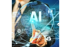 Image Business man pointing at AI screen.