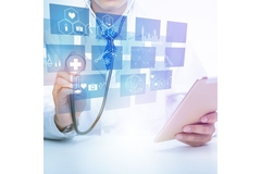 Doctor doing a medical analysis with pictograms of health areas.