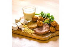 Image Soy based products on a wooden platter.