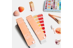 Image A Pantone swatch in the color peach surrounded by makeup brushes and a palate.