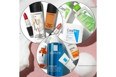 Image CeraVe La Roche Posay and Mac products in circle cut outs.