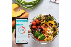 Plate filled with healthy foods and a phone where someone tracks calories.