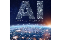Image Artificial Intelligence written as if in space, the Earth is seen below.