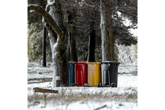 garbage bins of different colors in a park covered in snow