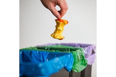 Image Placing apple in bin at home.