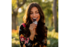 Image Woman eating protein bar.