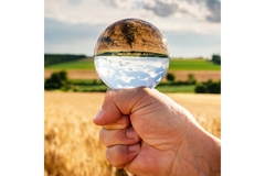 Image Hand holding glass ball in sunny field.