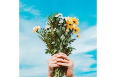 Image hands holding up bunch of flowers